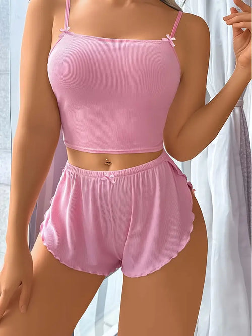 2pcs Women's Solid Color Sweet Bow Pajama Set - Top + Bottom