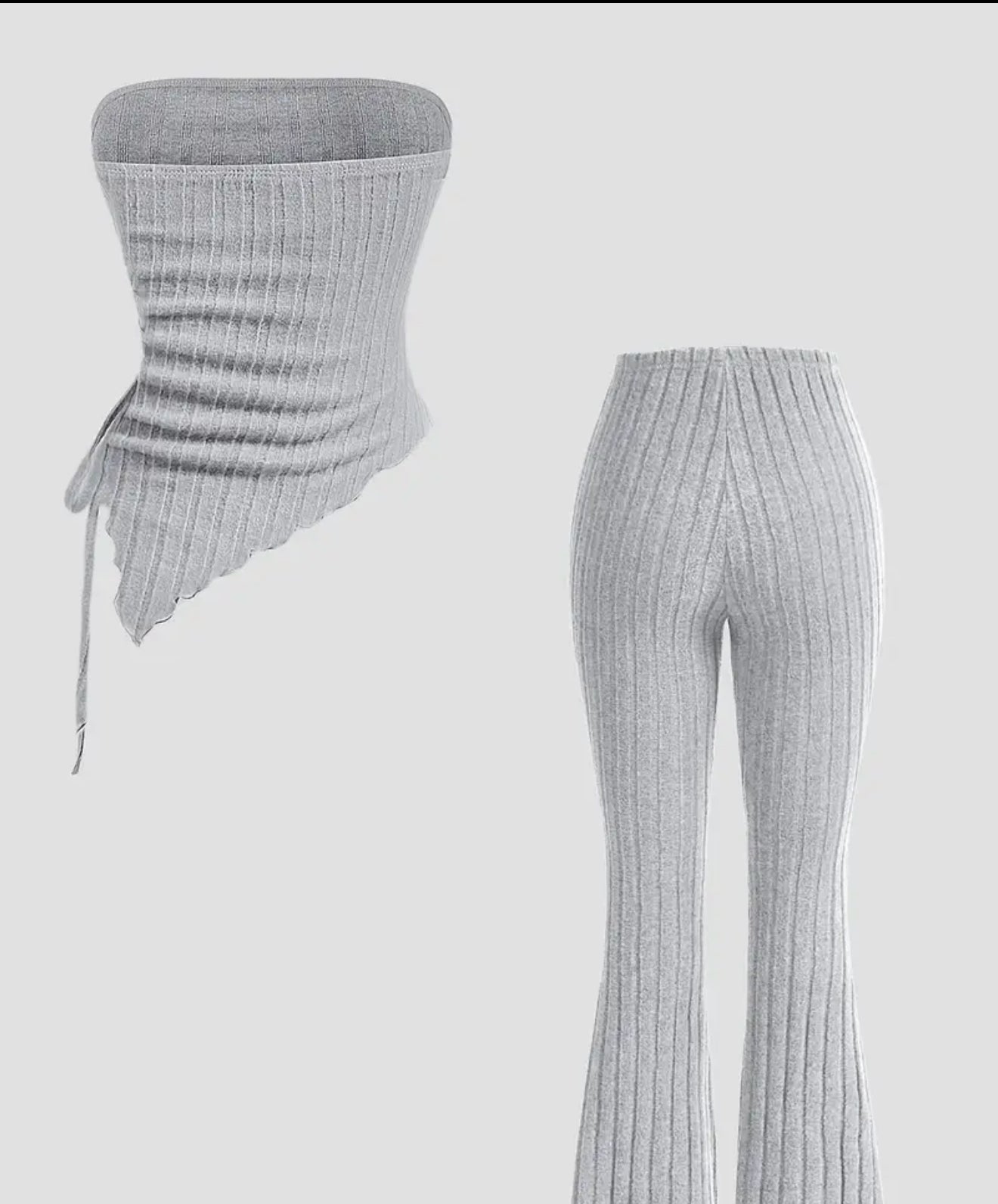 Ribbed Solid Color Casual Pantsuits, Strapless Backless Drawstring Asymmetrical Tube Top & Flare Leg Pants Outfits, Women's Clothing