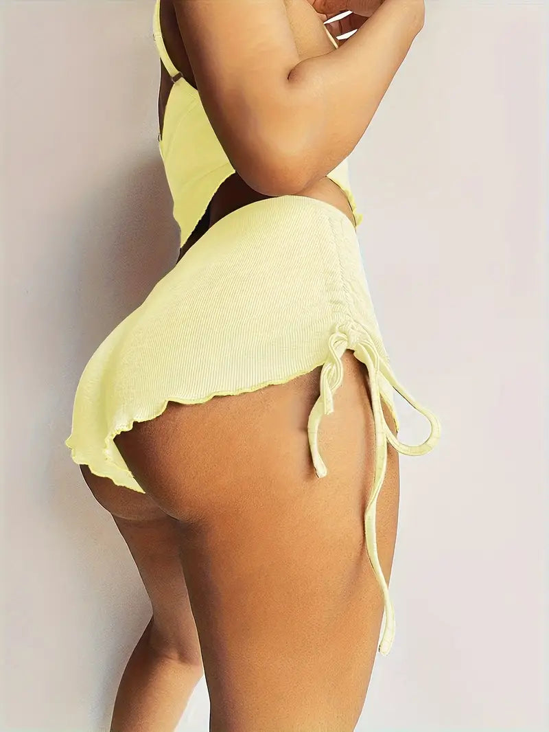 Women'S Sexy Blue Drawstring Camisole and Shorts Set - Summer Style, Solid Color, Scoop Neck, Casual Beachwear, Casual Attire|Scoop Neckline| Drawstring Detail